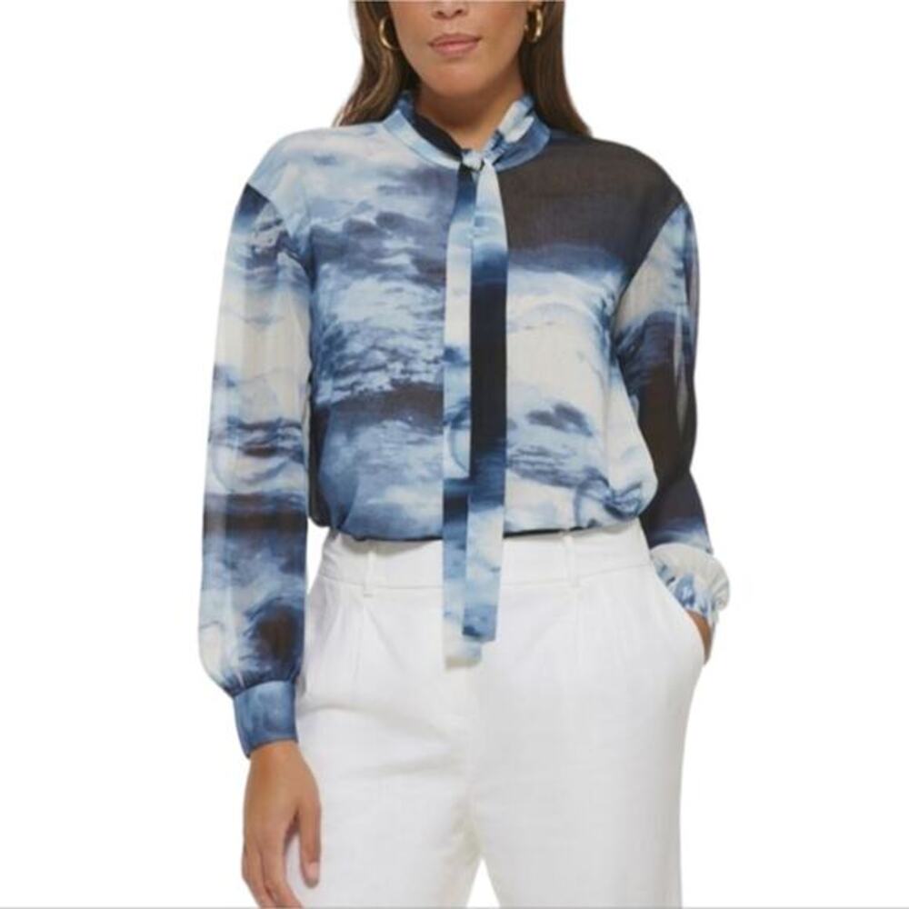 CALVIN KLEIN Blue White Abstract Cloud Print Tie Neck Long Sleeve Blouse Top NEW